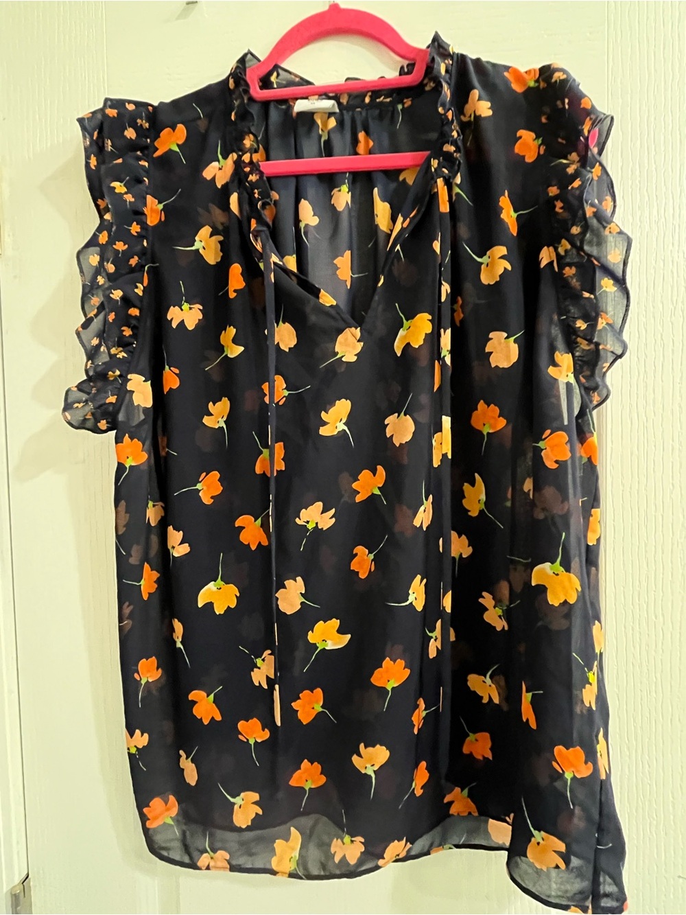 CAbi Sheer Blouse with Orange Floral Accents